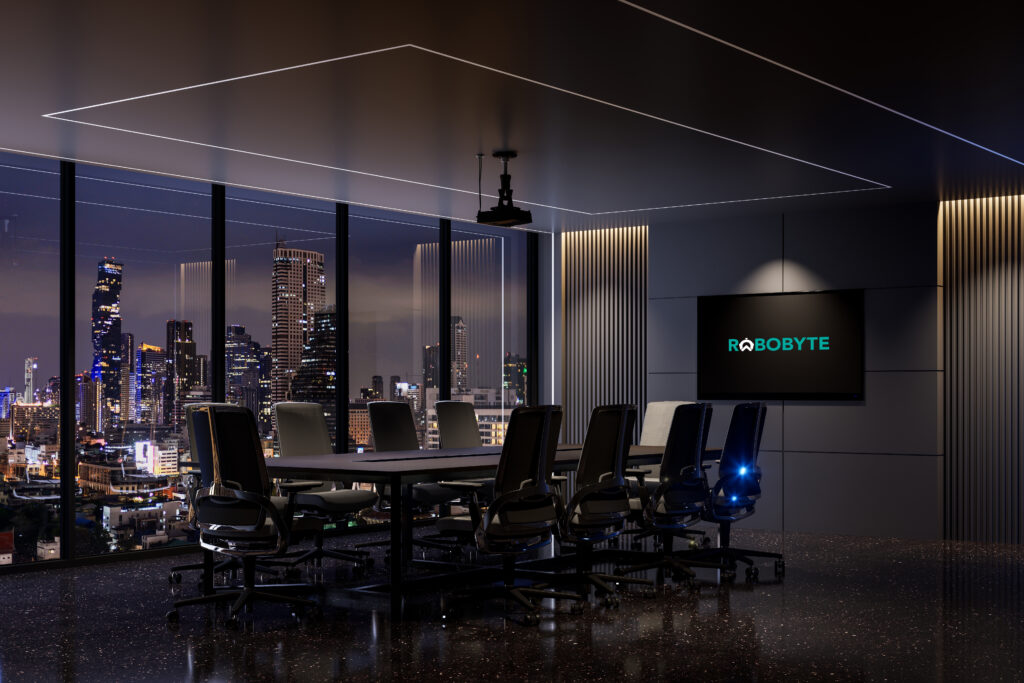 Modern,Style,Luxury,Black,Meeting,Room,Interior,With,Night,City